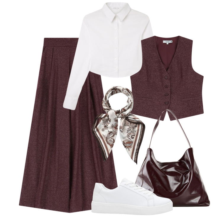 Outfit donna - Stile nella routine. Stile Casual chic per Tutti i giorni. Abbinamento con sneakers, shopping bag, foulard, camicie, gilet, pantaloni a palazzo.