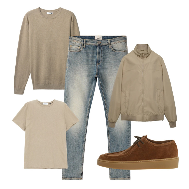 Outfit uomo - Minimal. Stile Casual per Ufficio. Abbinamento con scarpe stringate, t-shirt, jeans skinny, maglieria, bomber.