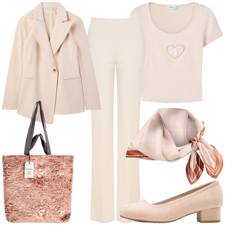 Outfit donna - Cipria o panna?. Stile Chic per Tutti i giorni. Abbinamento con décolleté, t-shirt, blazer, borse tote, foulard, pantaloni a palazzo.
