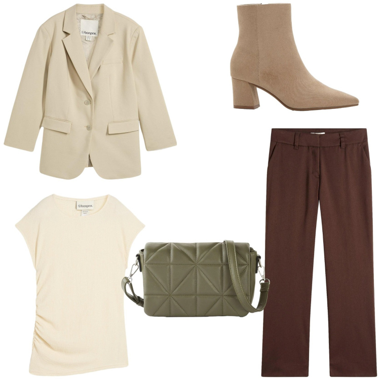 Outfit donna - Come abbinare il marrone in primavera. Stile Casual chic per Tutti i giorni. Abbinamento con pantaloni, top, stivaletti, blazer, borse a tracolla.