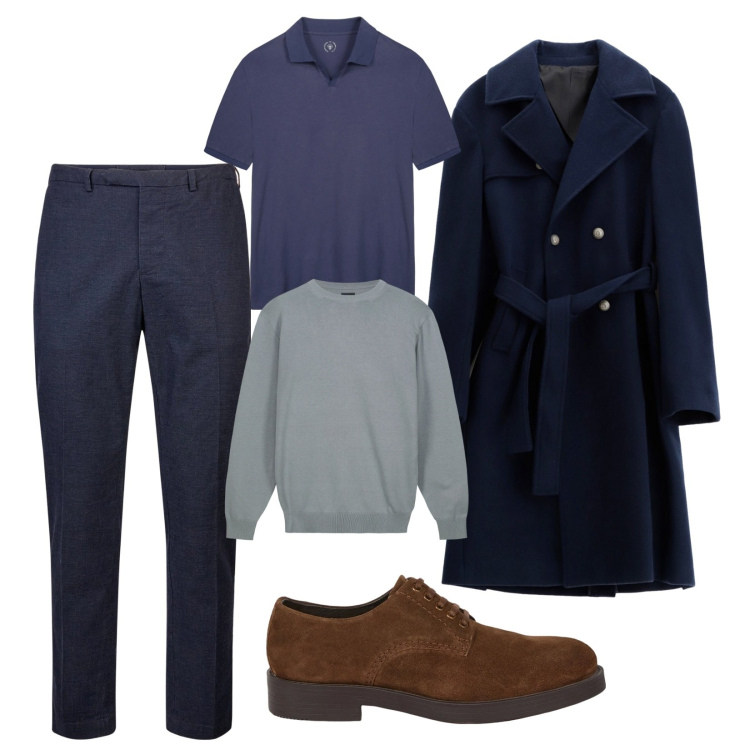 Outfit uomo - Eleganza minimal. Stile Business/Elegante per Ufficio. Abbinamento con cappotti, pantaloni, scarpe stringate, maglieria, polo.