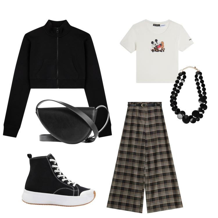 Outfit donna - Total look #2343567. Stile Casual per Scuola/Università. Abbinamento con sneakers alte, borse a tracolla, felpe, pantaloni a palazzo, collane, t-shirt.