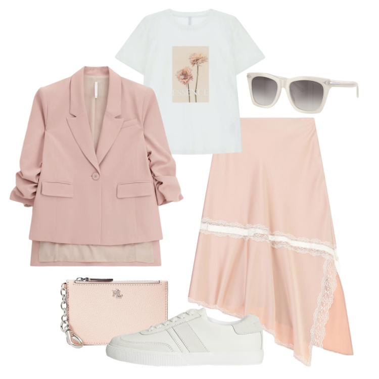 Outfit donna - Cipria trendy in città. Stile Trendy per Tutti i giorni. Abbinamento con gonne longuette, t-shirt, blazer, occhiali da sole, portafogli, sneakers.