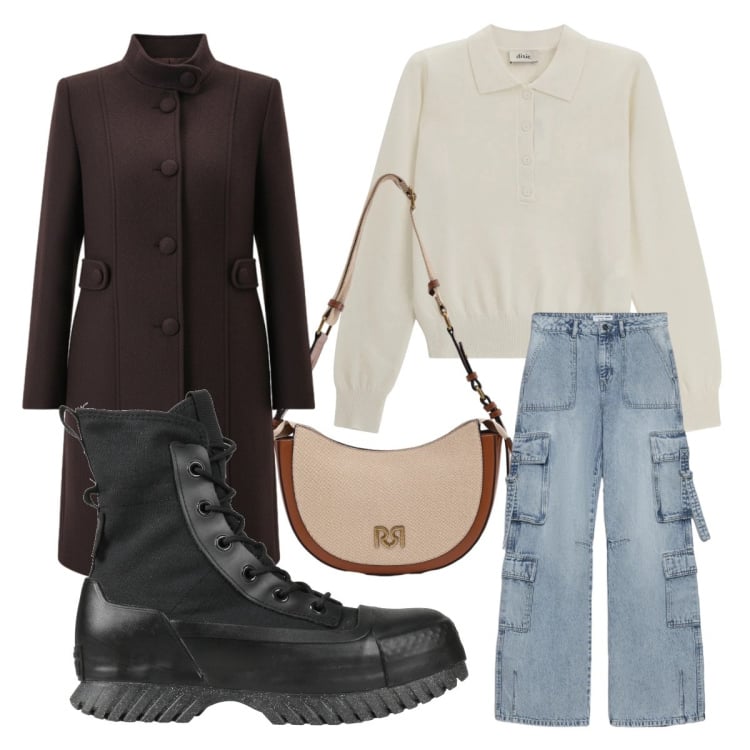 Outfit donna - gioco di contrasti. Stile Basic per Tutti i giorni. Abbinamento con stivaletti, jeans, borse a tracolla, cappotti, pullovers.