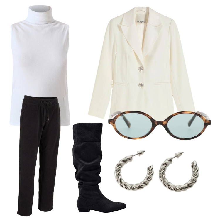 Outfit donna - per chi ama i dettagli. Stile Bon Ton per Cerimonia. Abbinamento con stivali, pantaloni, blazer, occhiali da sole, orecchini, maglieria.