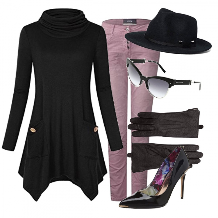 Outfit donna - Aperitivo seduzione. Stile Trendy per Serata fuori. Abbinamento con top a maniche lunghe, pantalone rosa, scarpe con tacco nero, cappello nero, occhiali da sole nero e grigio, guanti marrone.