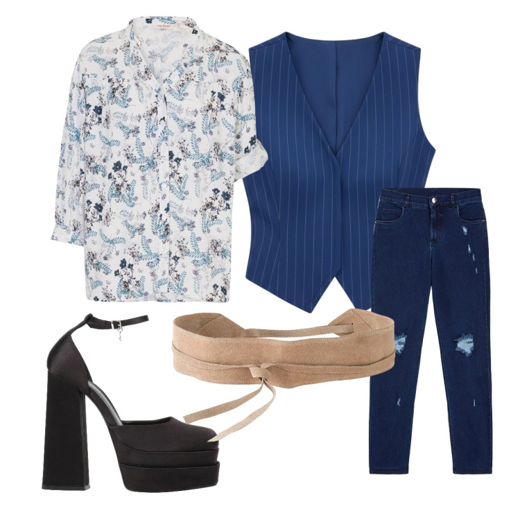 Outfit donna - aria di primavera con la camicia a fiori. Stile Casual chic per Ufficio. Abbinamento con décolleté, cinture, camicie, jeans skinny, gilet.