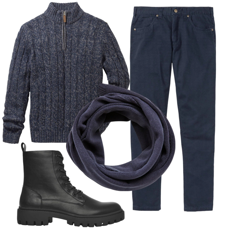 Outfit uomo - Total look #2343586. Stile Casual per Tutti i giorni. Abbinamento con pantaloni, maglieria, sciarpe, anfibi.