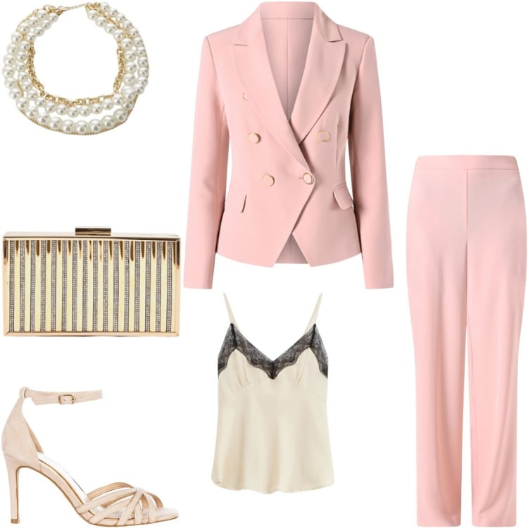 Outfit donna - L eleganza del rosa cipria. Stile Bon Ton per Cerimonia. Abbinamento con collane, top, clutch, blazer, pantaloni, sandali col tacco.
