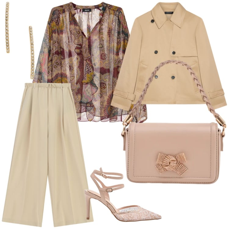 Outfit donna - Tonalità chiare. per Ufficio. Abbinamento con trench, pochette, décolleté, pantaloni a palazzo, orecchini, camicie.