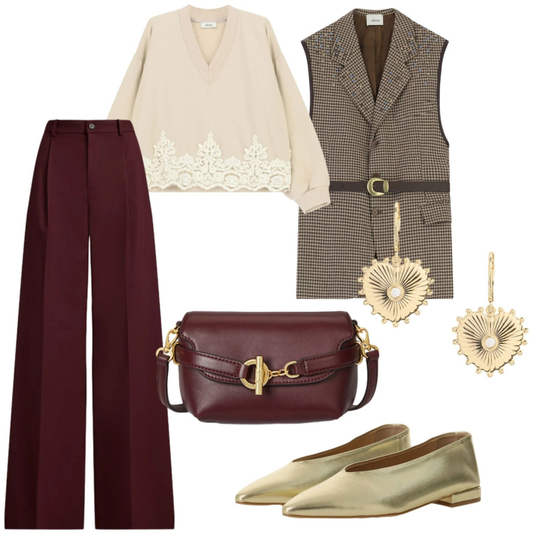 Outfit donna - Eleganza quotidiana. per Tutti i giorni. Abbinamento con ballerine, gilet, felpe, borse a tracolla, pantaloni, orecchini.