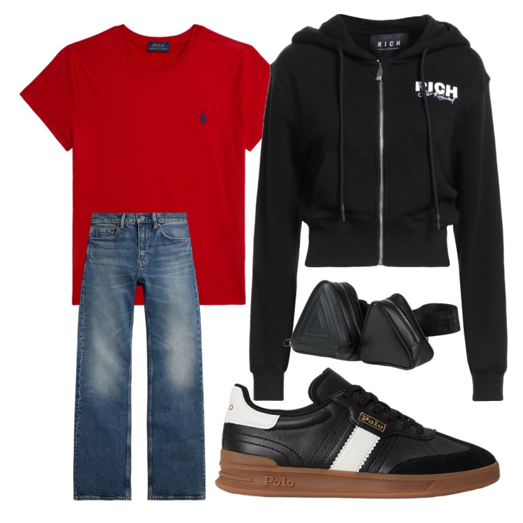 Outfit donna - rivisitazione degli anni 90. Stile Urban per Tutti i giorni. Abbinamento con felpe con cappuccio, marsupi, jeans bootcut, sneakers, t-shirt.