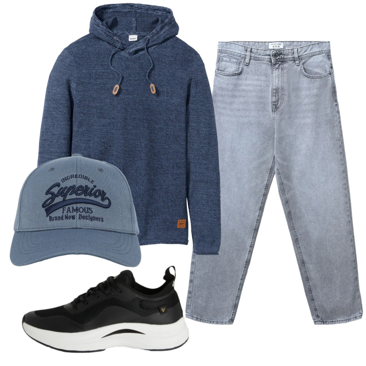 Outfit uomo - Total look #2343598. Stile Casual per Tutti i giorni. Abbinamento con maglieria, cappelli con visiera, jeans, sneakers.