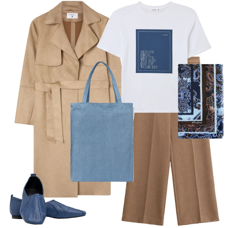 Outfit donna - Colloquio con i professori. Stile Casual chic per Ufficio. Abbinamento con t-shirt, borse tote, trench, foulard, pantaloni, ballerine.