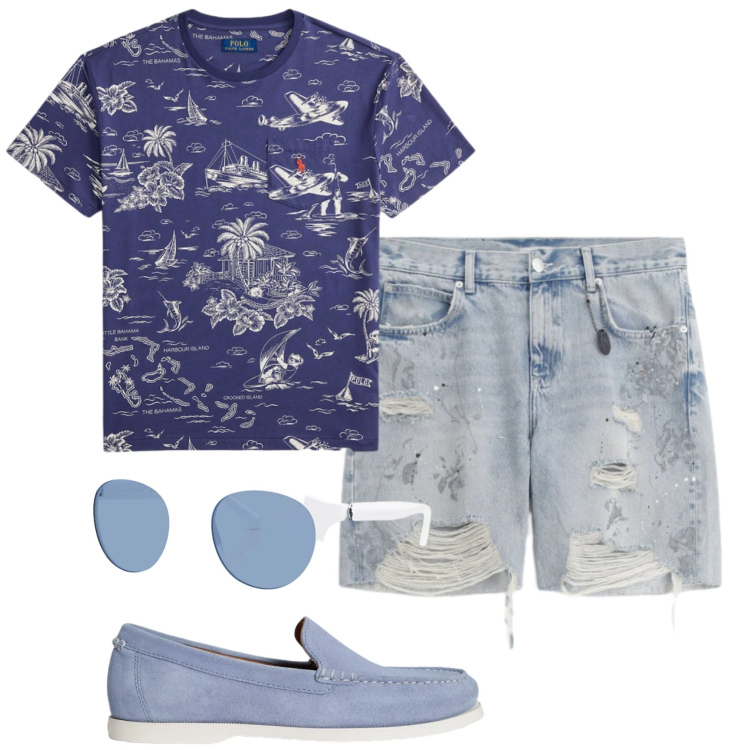 Outfit uomo - Total look #2343621. Stile Casual per Mare. Abbinamento con bermuda, occhiali da sole, scarpe stringate, t-shirt.