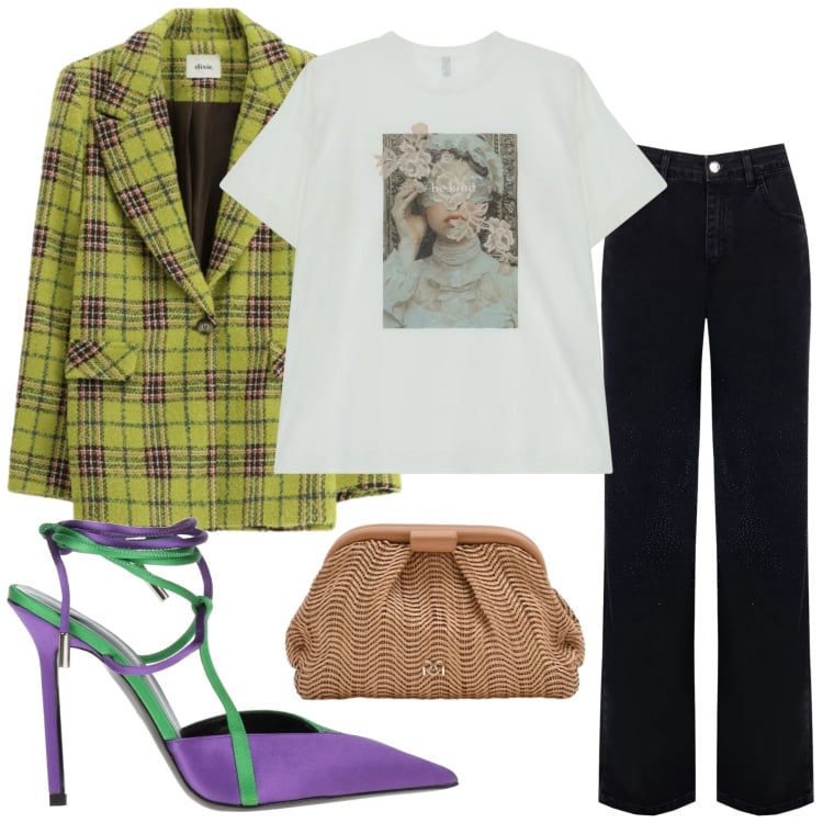 Outfit donna - Uscita tra le amiche. Stile Casual chic per Serata fuori. Abbinamento con décolleté, pochette, jeans dritti, t-shirt, blazer.