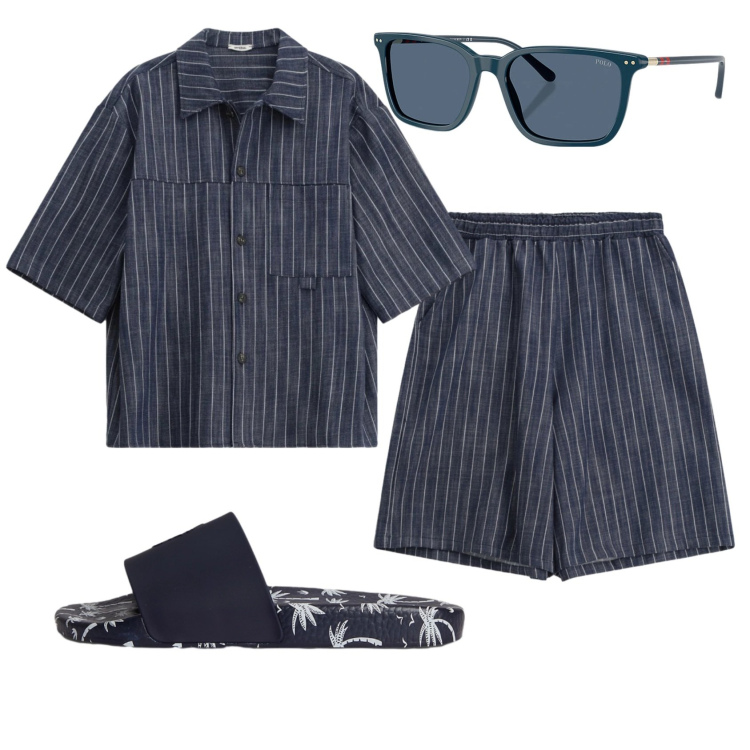 Outfit uomo - Total look #2343627. Stile Casual per Mare. Abbinamento con camicie a manica corta, bermuda, occhiali da sole, sandali.