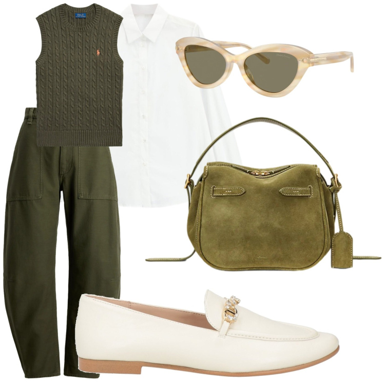 Outfit donna - Outifit n. 3. Stile Casual chic per Scuola/Università. Abbinamento con mocassini, camicie, borse a mano, occhiali da sole, maglieria, pantaloni.