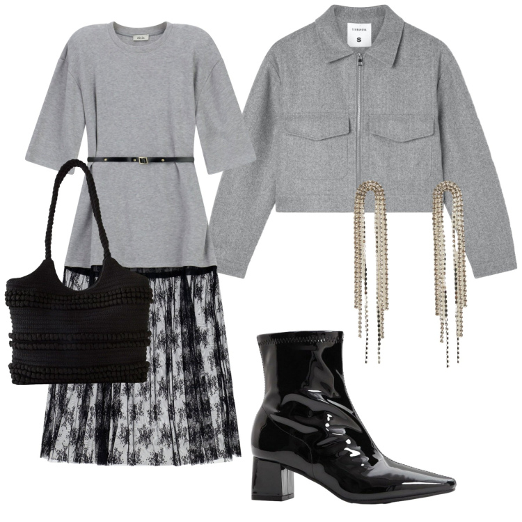 Outfit donna - Look grigio. Stile Casual per Tutti i giorni. Abbinamento con shopping bag, stivaletti, blazer, orecchini, vestiti lunghi.