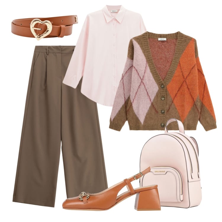 Outfit donna - Elegante daily. Stile Glamour per Tutti i giorni. Abbinamento con décolleté, zaini, cinture, cardigans, camicie, pantaloni a palazzo.