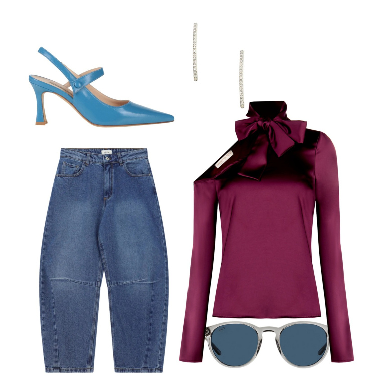 Outfit donna - Azzurro. Stile Bon Ton per Serata fuori. Abbinamento con décolleté, jeans, bluse, occhiali da sole, orecchini.