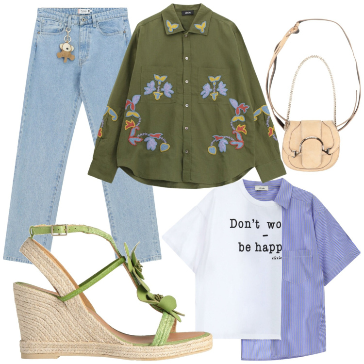 Outfit donna - Total look #2343637. Stile Casual chic per Ufficio. Abbinamento con espadrillas, marsupi, t-shirt, blazer, jeans dritti.