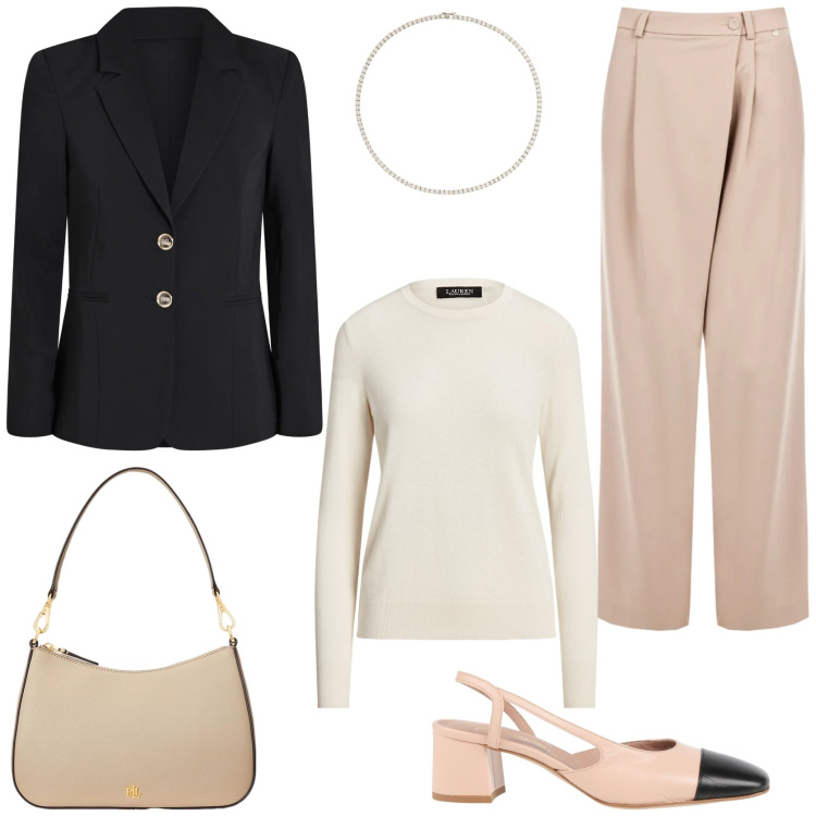 Outfit donna - Perfetta da mattina a sera. Stile Chic per Tutti i giorni. Abbinamento con décolleté, pantaloni a palazzo, blazer, maglieria, borse a spalla, collane.