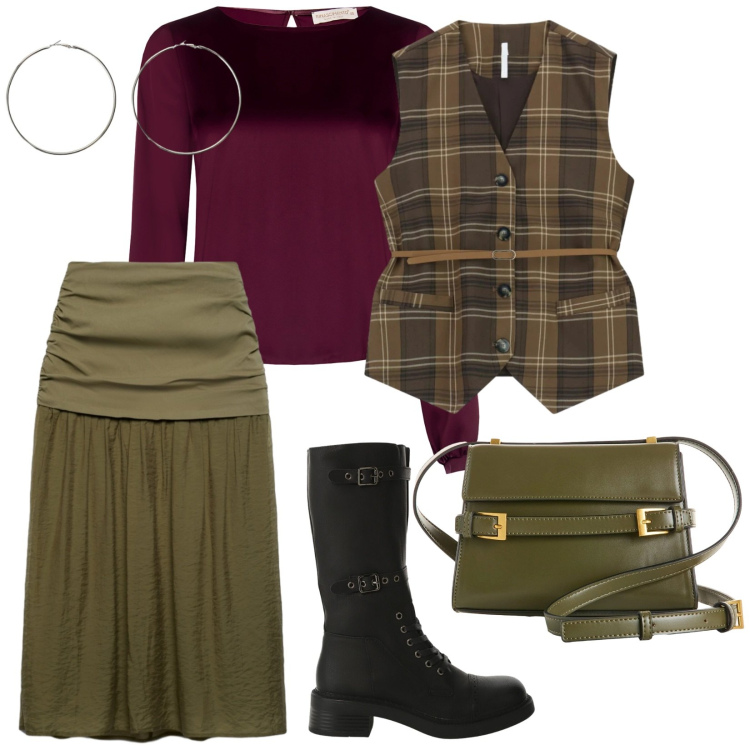 Outfit donna - Verde oliva. per Ufficio. Abbinamento con borse a tracolla, gonne longuette, stivali, gilet, orecchini, bluse.