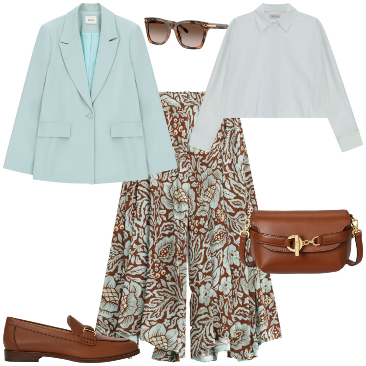 Outfit donna - Casual chic ufficio tempo libero. Stile Casual chic per Tutti i giorni. Abbinamento con blazer, pantaloni a palazzo, camicie, borse a tracolla, mocassini, occhiali da sole.