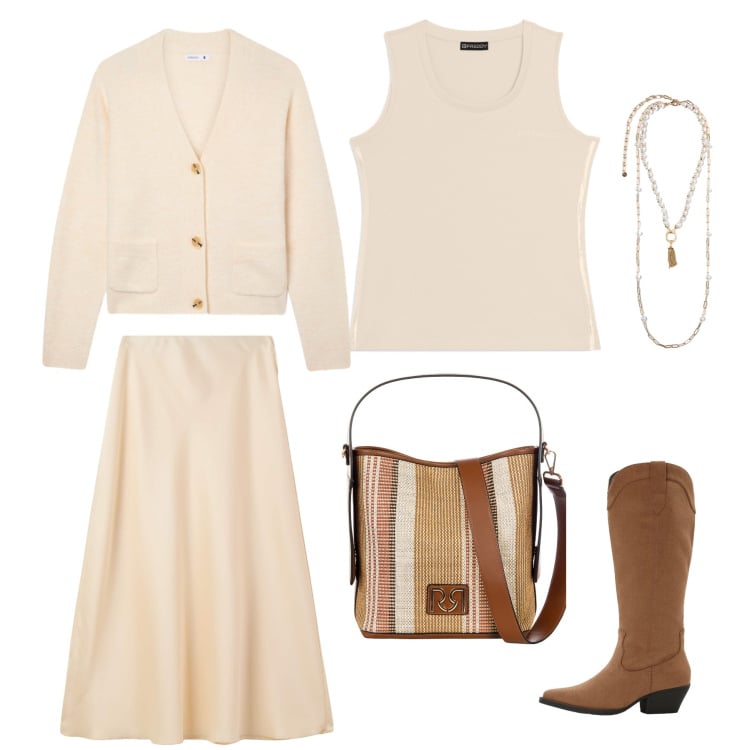 Outfit donna - Luce d\'Inverno in Crema e Champagne. Stile Romantica per Tutti i giorni. Abbinamento con stivali, collane, gonne lunghe, cardigans, canottiere, borse a secchiello.