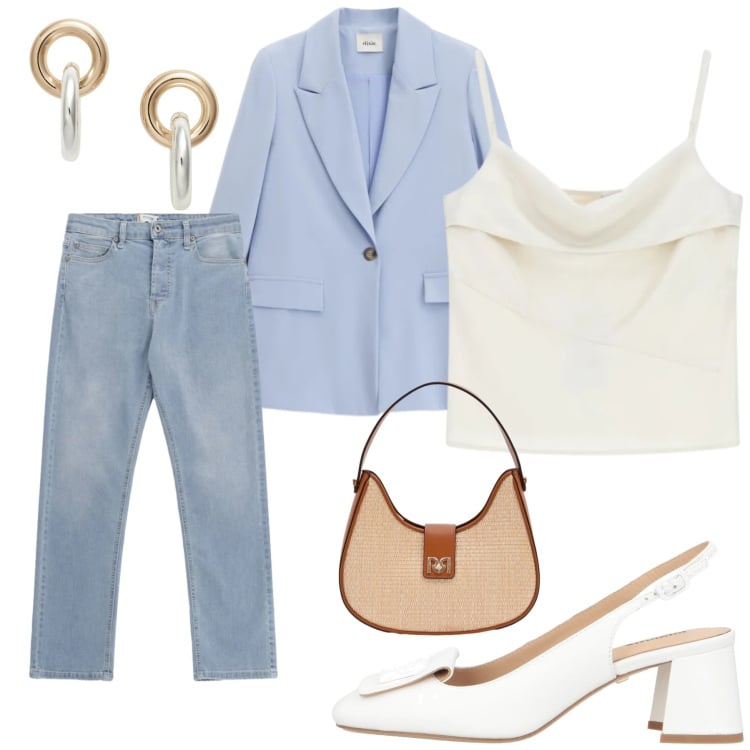 Outfit donna - Giacca color pastello. Stile Casual chic per Ufficio. Abbinamento con décolleté, jeans, borse a spalla, canottiere, orecchini, blazer.