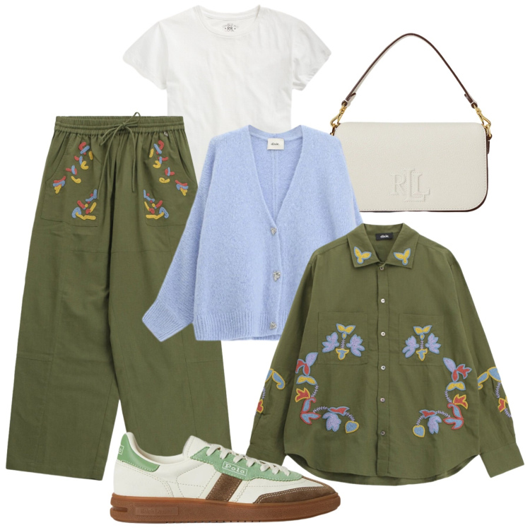 Outfit donna - Nuovo look in città. Stile Trendy per Tutti i giorni. Abbinamento con cardigans, pantaloni a palazzo, blazer, sneakers, borse a spalla, t-shirt.