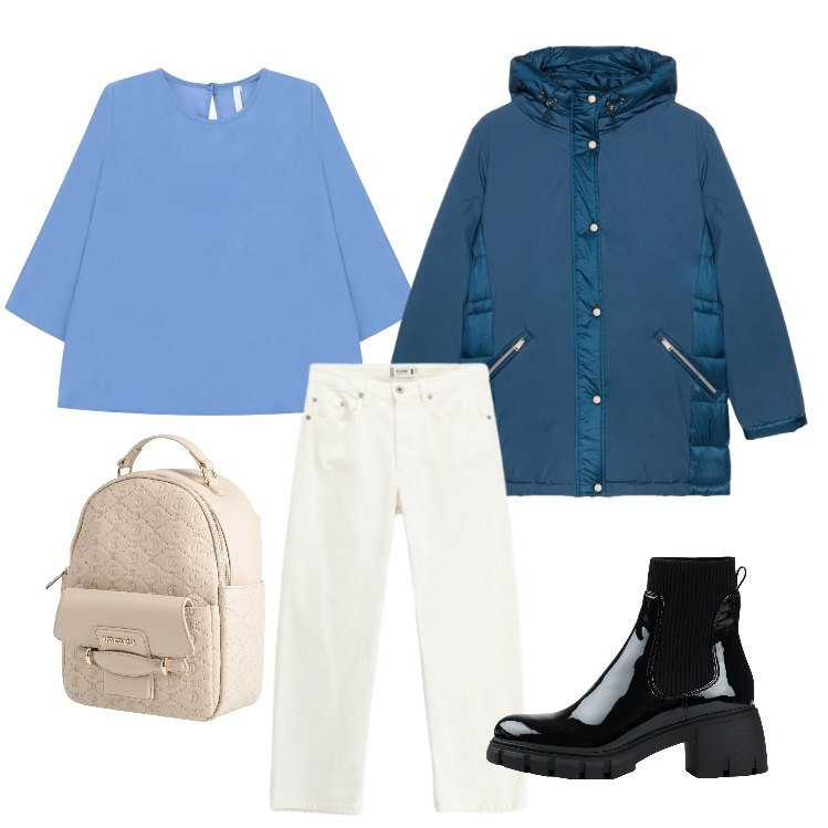 Outfit donna - Il piumino in montagna. Stile Sporty chic per Tutti i giorni. Abbinamento con stivaletti, zaini, top, piumini, pantaloni.