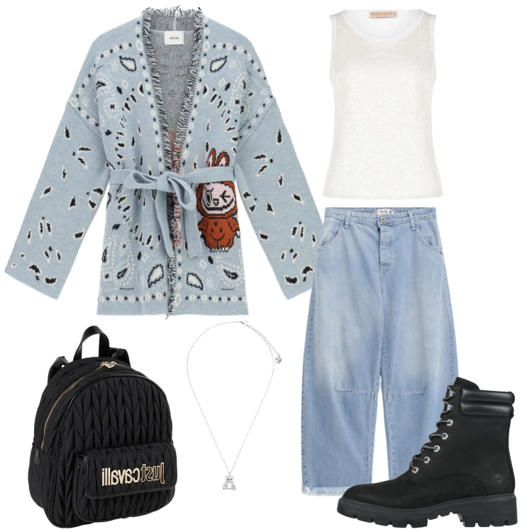 Outfit donna - Urban Folk & Pop Vibes. Stile Urban per Tutti i giorni. Abbinamento con zaini, stivaletti, cardigans, ciondoli, jeans, canottiere.