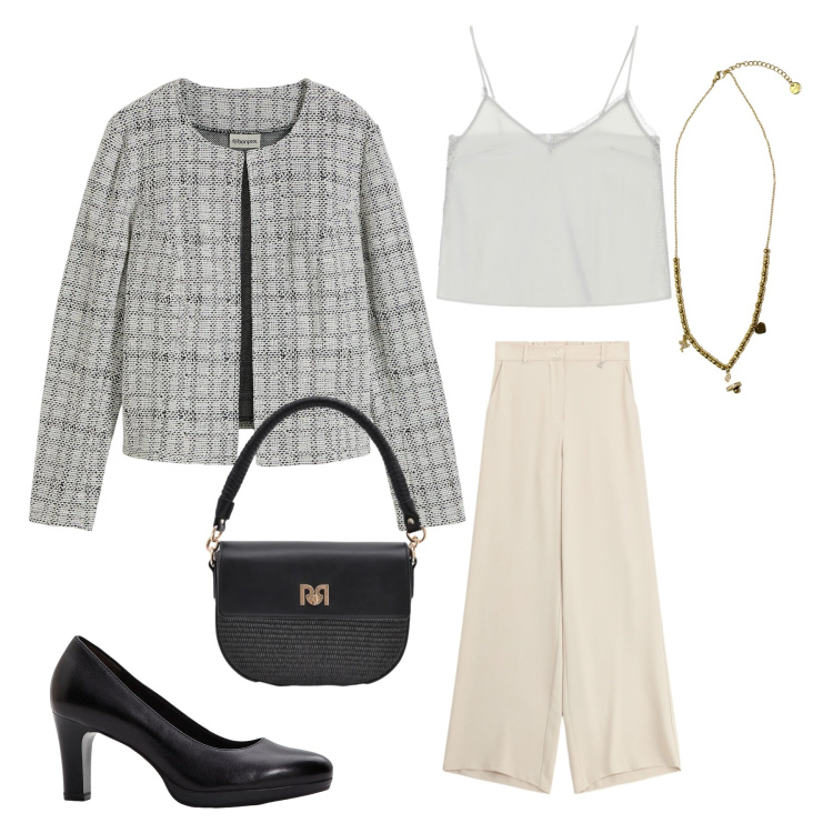 Outfit donna - Eleganza Moderna in Tweed e Satin. Stile Casual chic per Tutti i giorni. Abbinamento con cardigans, décolleté, canottiere, pantaloni a palazzo, ciondoli, borse a spalla.