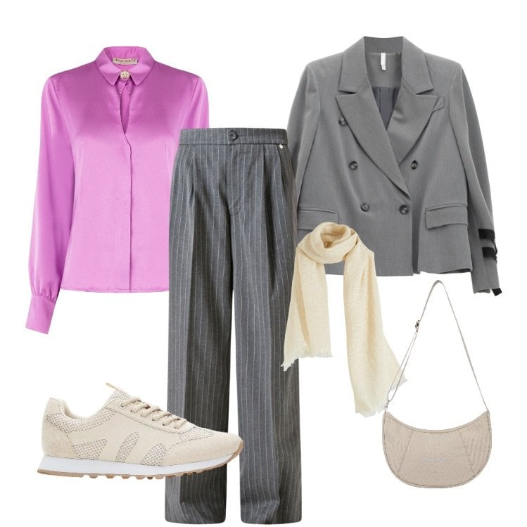 Outfit donna - La camicia viola. Stile Casual chic per Serata fuori. Abbinamento con sciarpe, sneakers, blazer, borse a spalla, camicie, pantaloni.