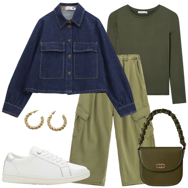 Outfit donna - Giro in città. Stile Casual per Tutti i giorni. look ideale per Petite. Abbinamento con sneakers, t-shirt, orecchini, pantaloni cargo, blazer, borse a mano.