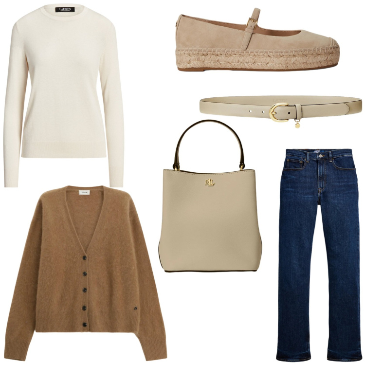 Outfit donna - Cozy style. Stile Minimal per Tutti i giorni. Abbinamento con cardigans, espadrillas, maglieria, jeans dritti, cinture, borse a secchiello.