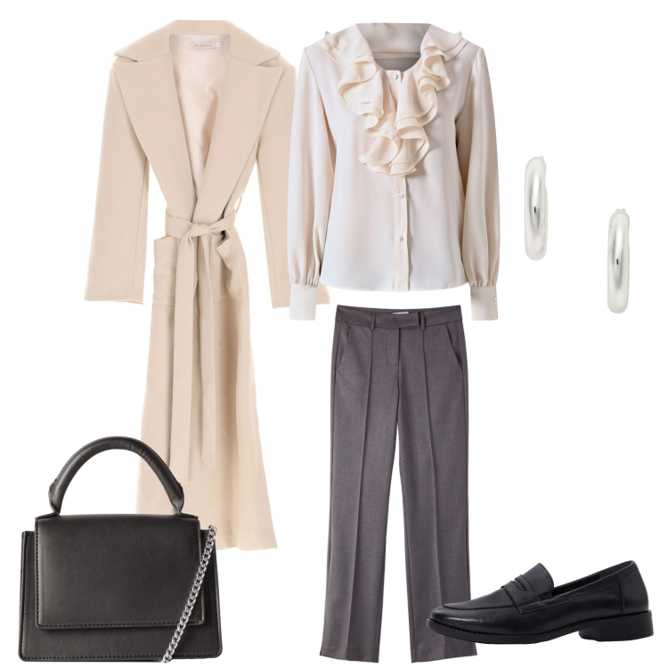 Outfit donna - L’Eleganza dei Contrasti. Stile Preppy per Tutti i giorni. Abbinamento con mocassini, pantaloni, borse a tracolla, cappotti, bluse, orecchini.