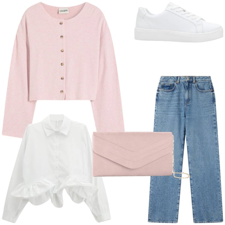 Outfit donna - Il cardigan romantico. Stile Romantica per Tutti i giorni. Abbinamento con pochette, sneakers, cardigans, jeans dritti, camicie.