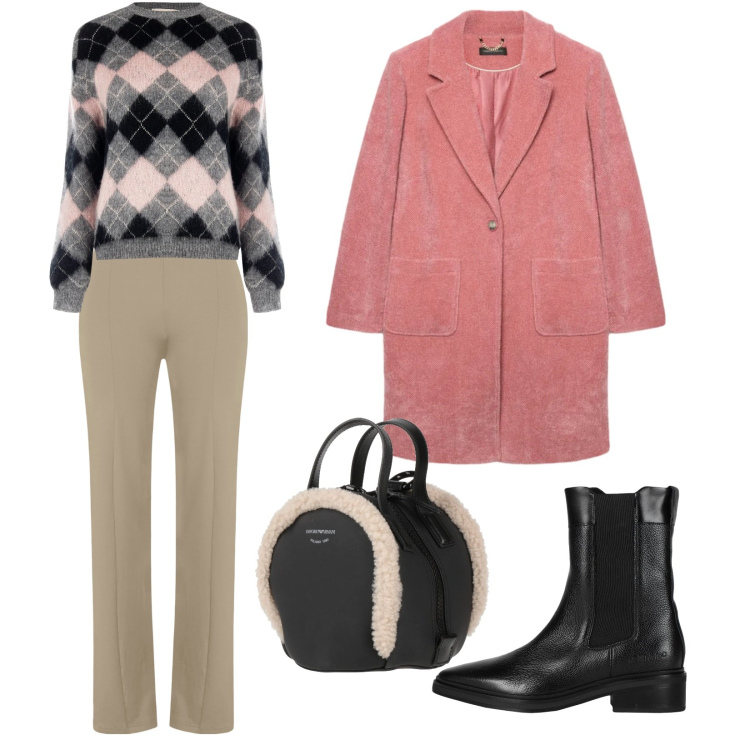 Outfit donna - Soft. Stile Basic per Ufficio. Abbinamento con zaini, stivaletti chelsea, cappotti, pantaloni skinny, maglieria.