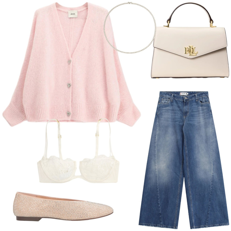 Outfit donna - Look romantico e luminoso. Stile Romantica per Tutti i giorni. Abbinamento con ballerine, cardigans, jeans, reggiseni a balconcino, collane, borse a mano.