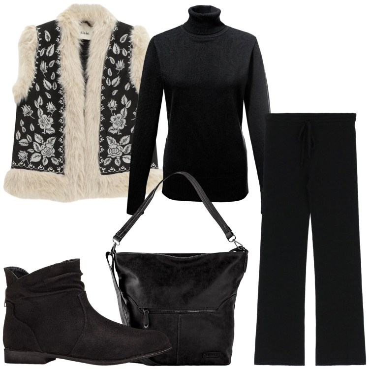 Outfit donna - Morbidita in nero. Stile Casual per Tutti i giorni. Abbinamento con stivaletti, maglieria, borse a spalla, pantaloni a palazzo, gilet.