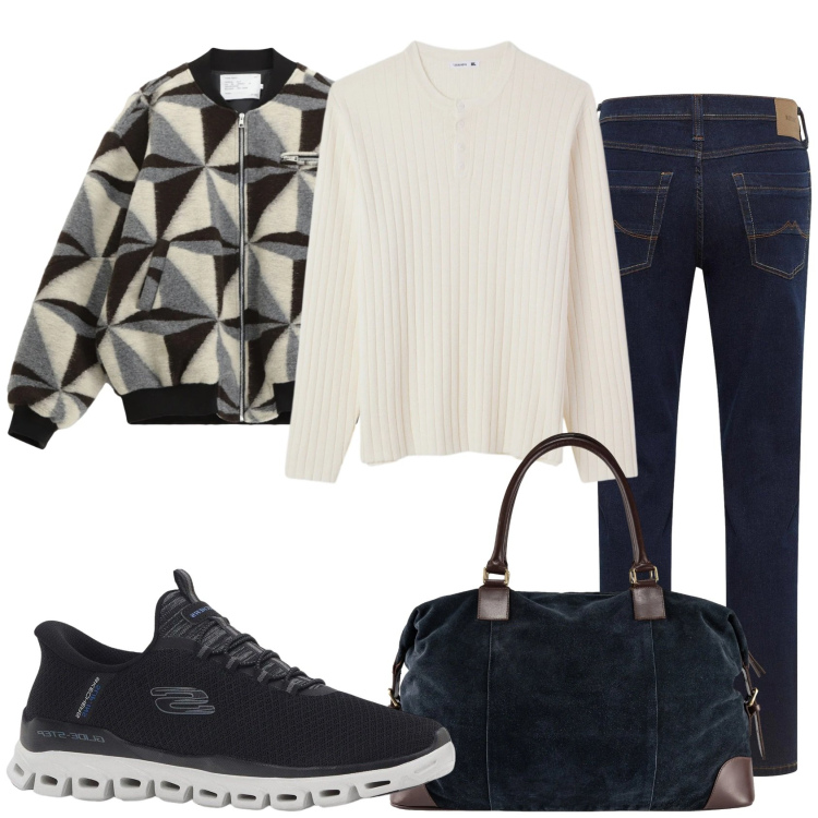 Outfit uomo - Pronto per la partenza. Stile Casual per Tutti i giorni. Abbinamento con sneakers, jeans dritti, giacche, maglieria, borse sportive.