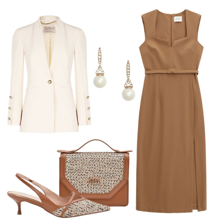 Outfit donna - Evento dal clima mite. Stile Chic per Cerimonia. Abbinamento con pochette, décolleté, blazer, orecchini, vestiti midi/longuette.