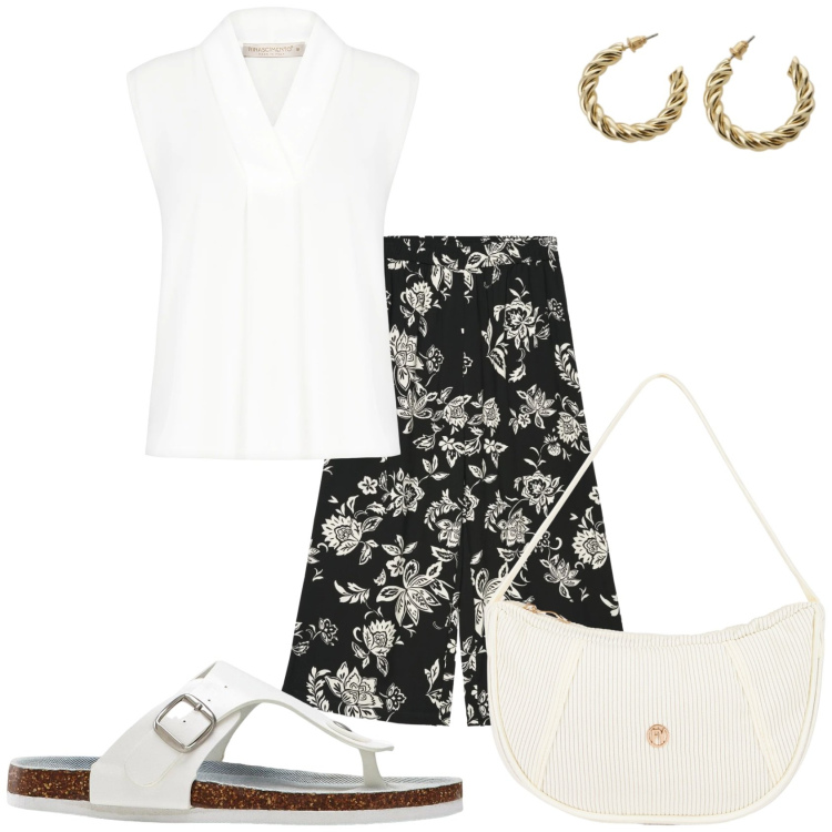 Outfit donna - Arriva l\'estate. Stile Casual chic per Tutti i giorni. Abbinamento con infradito, pantaloni a palazzo, orecchini, borse a mano, bluse.