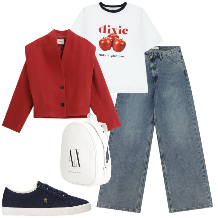 Outfit donna - Total look #2343678. Stile Casual per Tutti i giorni. Abbinamento con zaini, blazer, t-shirt, jeans, sneakers.