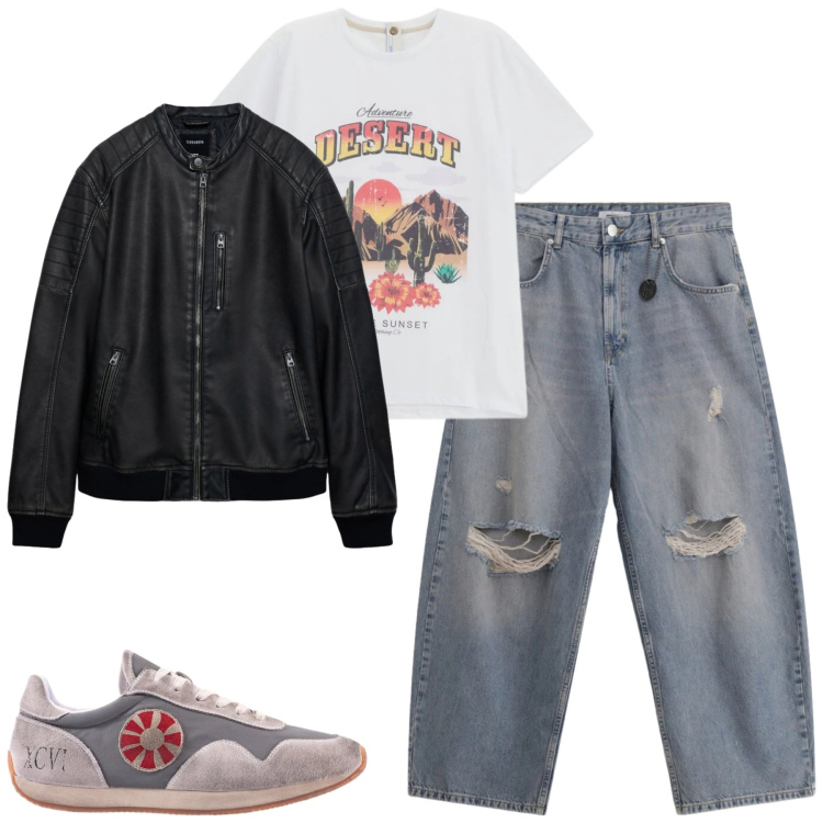 Outfit uomo - Total look #2343679. Stile Casual per Tutti i giorni. Abbinamento con jeans strappati, t-shirt, giacche, sneakers.
