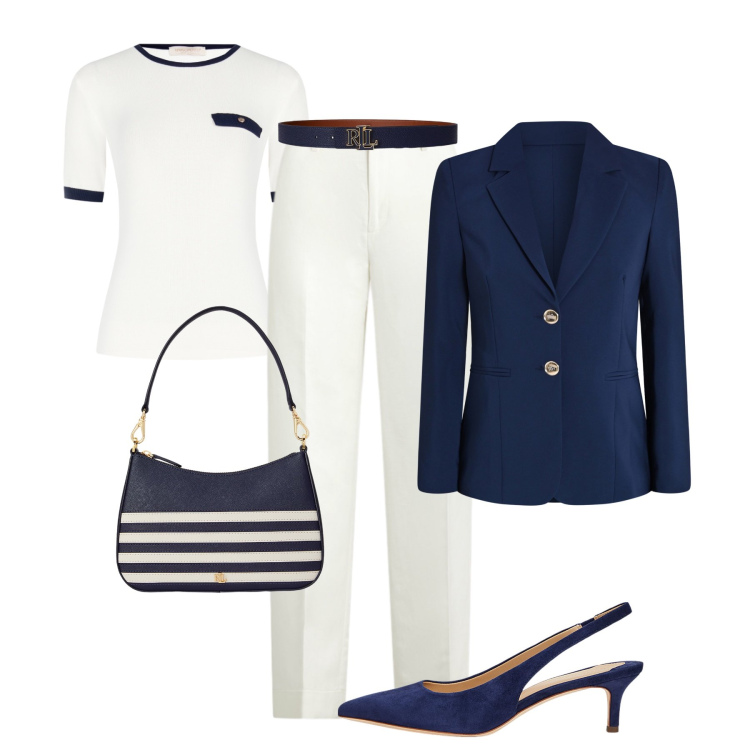 Outfit donna - Primavera minimal glam. Stile Casual chic per Tutti i giorni. Abbinamento con blazer, t-shirt, pantaloni, borse a spalla, décolleté, cinture.