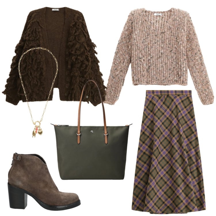 Outfit donna - Uno stile Country. Stile Casual per Tutti i giorni. Abbinamento con stivaletti, cardigans, maglieria, borse tote, gonne lunghe, ciondoli.